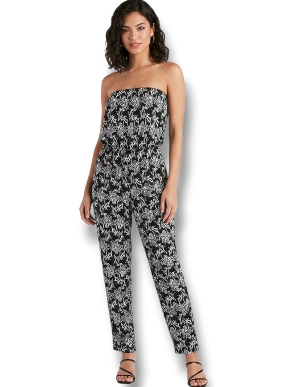 Pinky Women’s Black & White Abstract Strapless Jumpsuit with Pockets Size Medium